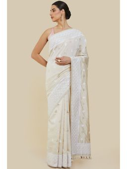 Soch - Women Off White Silk Embroidered Saree with Unstitched Blouse