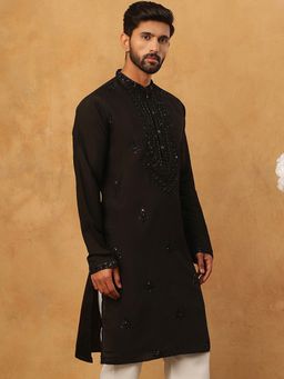 Jompers - Silk Blend Embroidered Black Kurta for Men