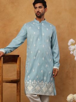 Jompers - Traditional Silk Blend Embroidered Blue Kurta