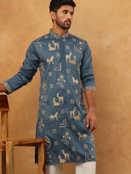 Jompers - Men Silk Blend Embroidered Teal Kurta