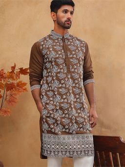 Jompers - Men Ethnic Embroidered Brown Kurta