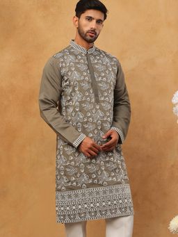 Jompers - Men Ethnic Embroidered Grey Kurta