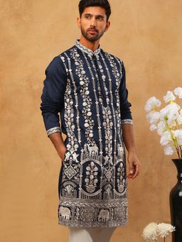 Jompers - Men Silk Blend Embroidered Navy Blue Kurta