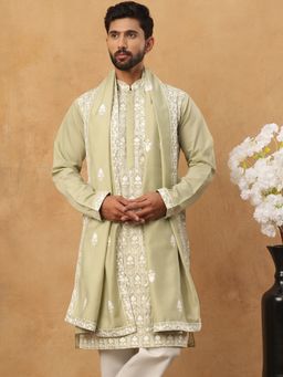 Jompers - Silk Blend Embroidered Green Kurta With Dupatta