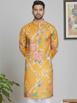Jompers - Men Floral Print Yellow Pure Cotton Straight Kurta