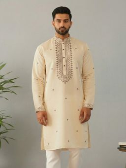 Jompers - Men Cream Sequins Embroidered Kurta.