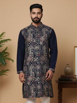 Jompers - Embroidered Straight Navy Blue Kurta For Men