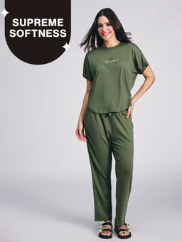 Nykd by Nykaa - Buttery Soft Modal Cotton Pyjama Coord Set of 2 With Round Neck Graphic Tee Nys932 Olive