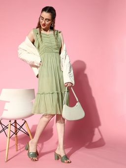 AAREIN - Women Green Solid A-Line Midi Dress