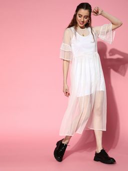 AAREIN - Women White Solid A-Line Midi Dress