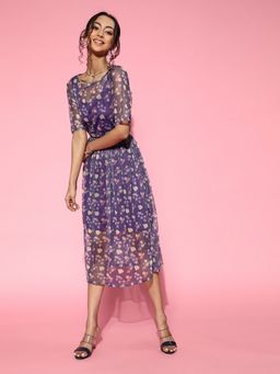 AAREIN - Women Lavender Floral A-Line Midi Dress