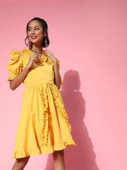 AAREIN - Women Yellow Solid A-Line Knee Length Dress