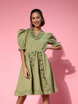 AAREIN - Women Green Solid A-Line Knee Length Dress