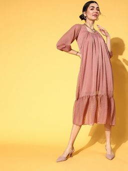 AAREIN - Women Pink Textured Relaxed Midi Dress