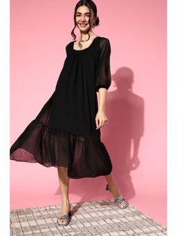 AAREIN - Women Black Textured Relaxed Midi Dress