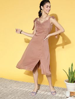 AAREIN - Women Brown Textured A-Line Midi Dress