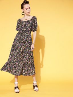 AAREIN - Women Black Floral A-Line Midi Dress