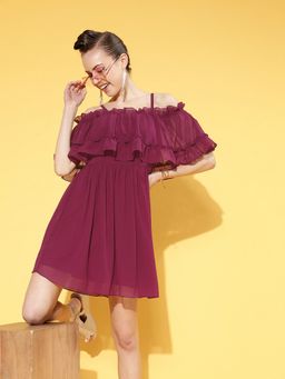 AAREIN - Women Burgundy Solid A-Line Knee Length Dress