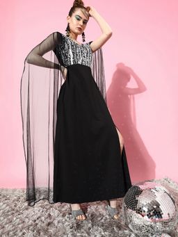 AAREIN - Women Black Embellished A-Line Maxi Dress