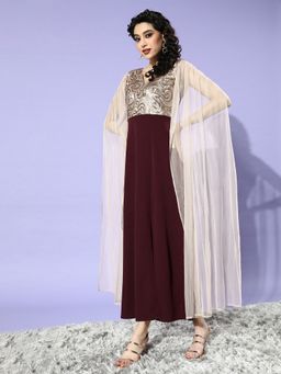 AAREIN - Women Maroon Embellished A-Line Maxi Dress
