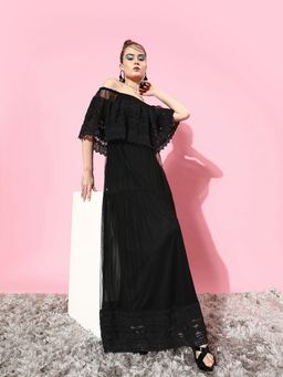 AAREIN - Women Black Self Design Flared Maxi Dress