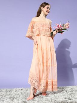AAREIN - Women Peach Self Design Flared Maxi Dress