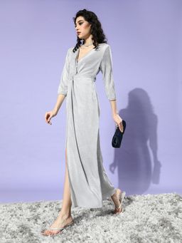 AAREIN - Women Grey Textured Flared Maxi Dress