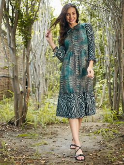 AAREIN - Women Green Printed Flared Midi Dress