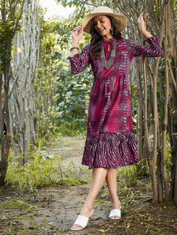 AAREIN - Women Purple Printed Flared Midi Dress