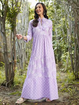 AAREIN - Women Lavender Printed Flared Maxi Dress