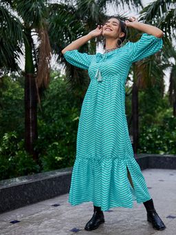 AAREIN - Women Green Stripes Flared Maxi Dress