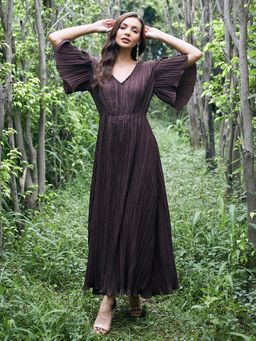 AAREIN - Women Brown Solid Flared Maxi Dress