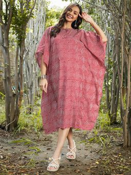 AAREIN - Women Red Geometric Flared Midi Dress