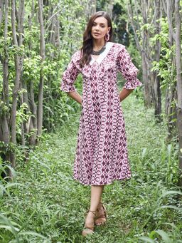 AAREIN - Women Rust Tie & Dye A-Line Midi Dress