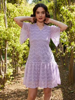 AAREIN - Women Lavender Self Design A-Line Mini Dress