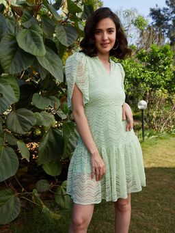 AAREIN - Women Green Self Design A-Line Mini Dress