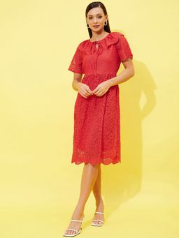 AAREIN - Women Red Self Design Flared Midi Dress