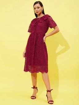 AAREIN - Women Burgundy Self Design Flared Midi Dress