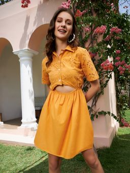 AAREIN - Women Orange Self Design Flared Mini Dress