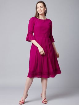 AAREIN - Women Pink Solid Flared Midi Dress