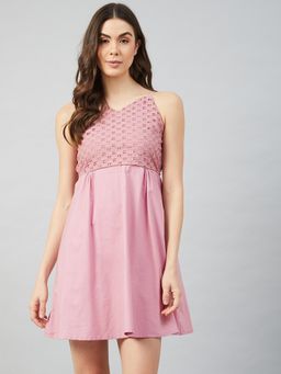 AAREIN - Women Pink Self Design Flared Mini Dress