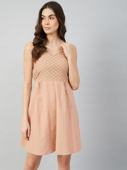 AAREIN - Women Beige Self Design Flared Mini Dress
