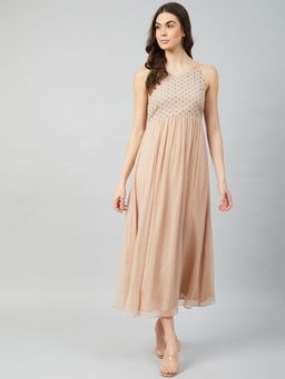AAREIN - Women Beige Self Design Flared Midi Dress