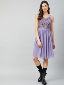 AAREIN - Women Purple Embroidered Flared Knee Length Dress