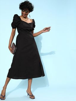 AAREIN - Women Black Solid A-Line Midi Dress