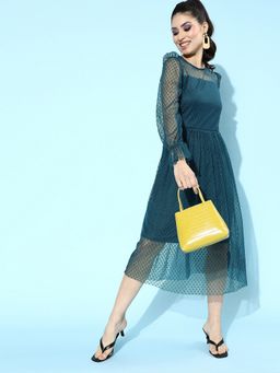 AAREIN - Women Teal Self Design Flared Midi Dress