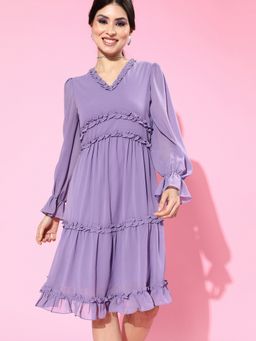 AAREIN - Women Lavender Solid Flared Knee Length Dress