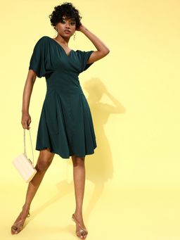 AAREIN - Women Teal Solid Flared Knee Length Dress