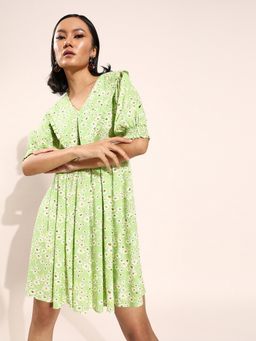 AAREIN - Women Green Floral Flared Mini Dress