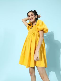 AAREIN - Women Yellow Solid Flared Mini Dress